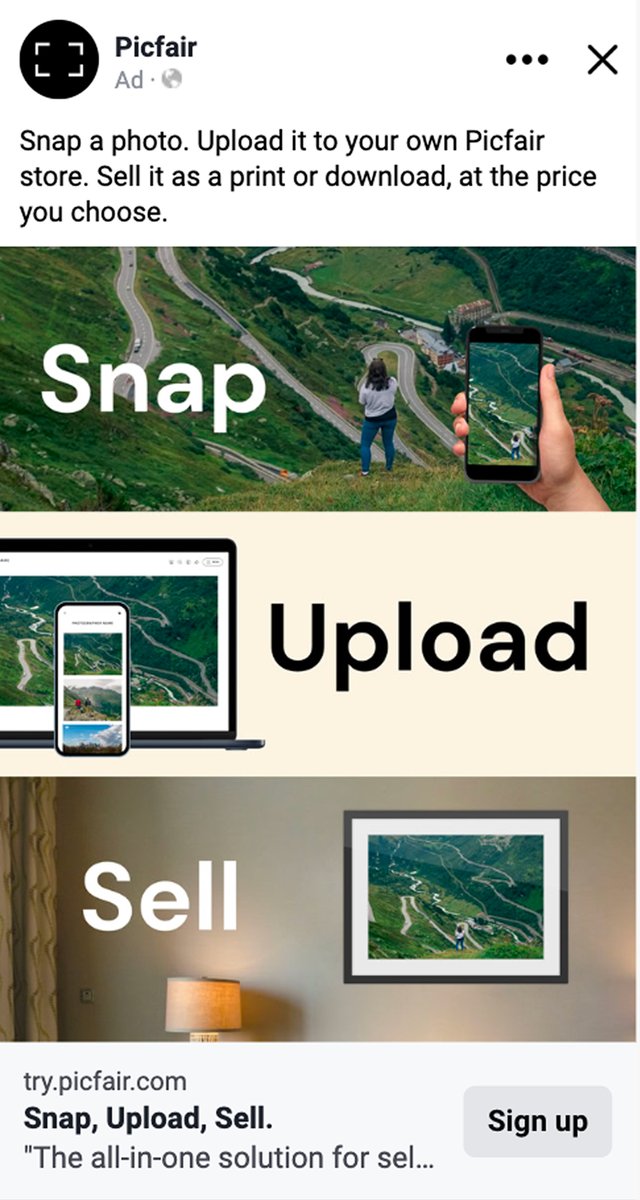 Picfair Snap, Upload, Sell static ad
